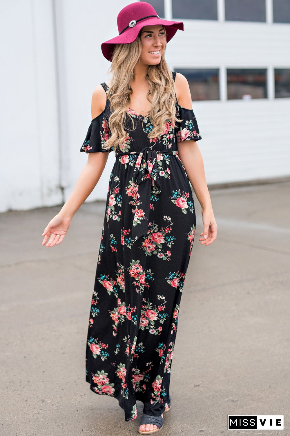 Black Cold Shoulder High Waist Floral Dress with Belt