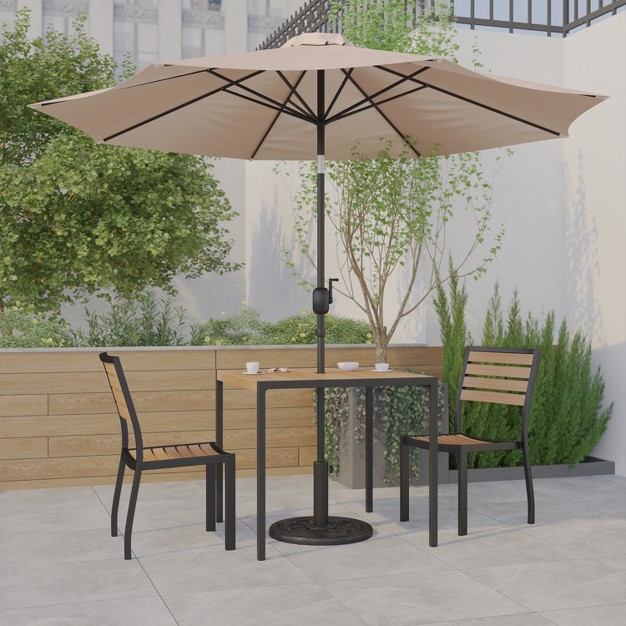 Emma And Oliver 5 Piece Patio Table Set Synthetic Faux Teak Stackable Chairs Faux Teak Table Umbrella With Base