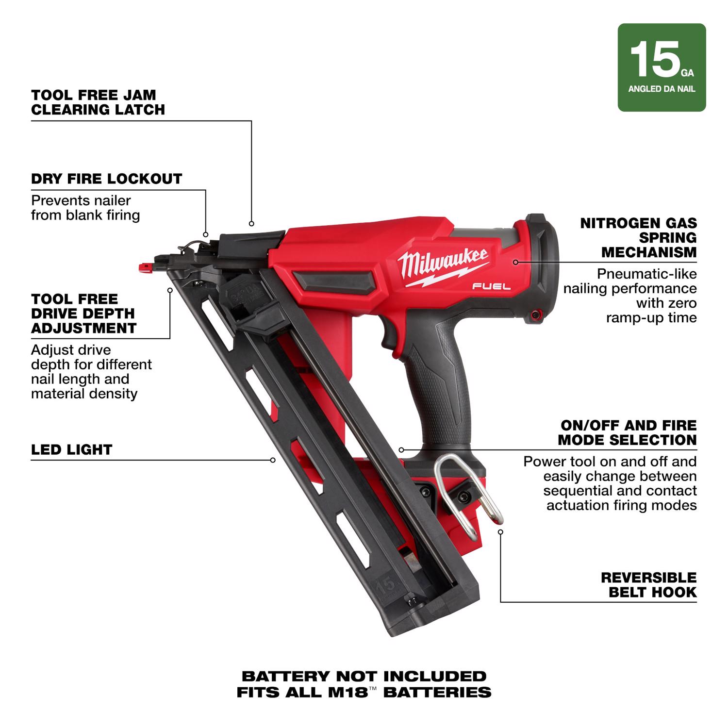 MW M18 FUEL 15 Ga. 18 Volt Brushless Angled Finish Nailer