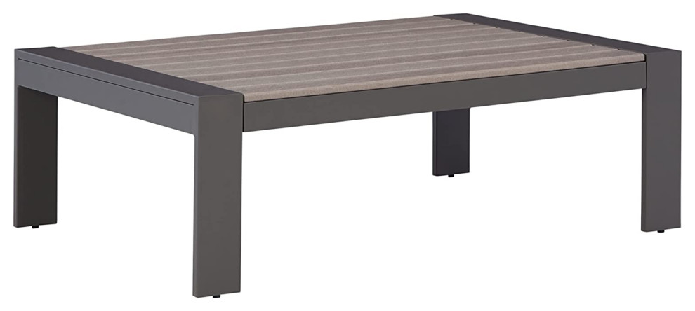 Outdoor Coffee Table  HDPE Construction With Slatted Wooden Look Top  Taupe   Transitional   Outdoor Coffee Tables   by Decor Love  Houzz