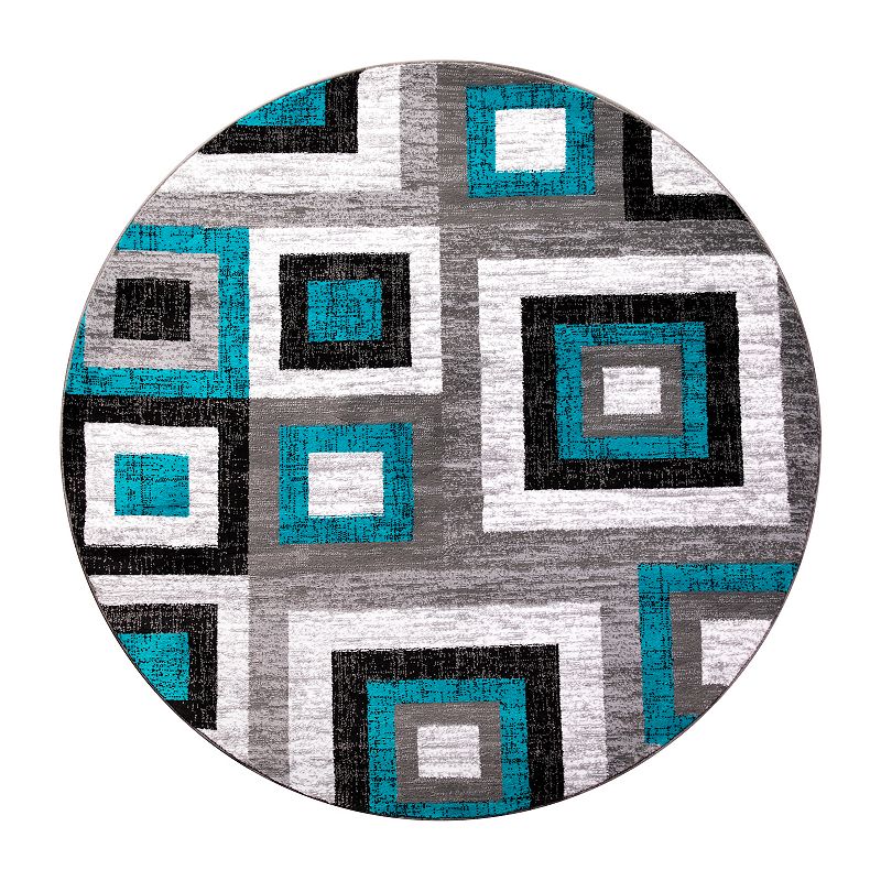 Masada Rugs Newton Collection Modern 8'x8' Round Accent Rug with Geometric Square Pattern in Turquoise， Gray and White