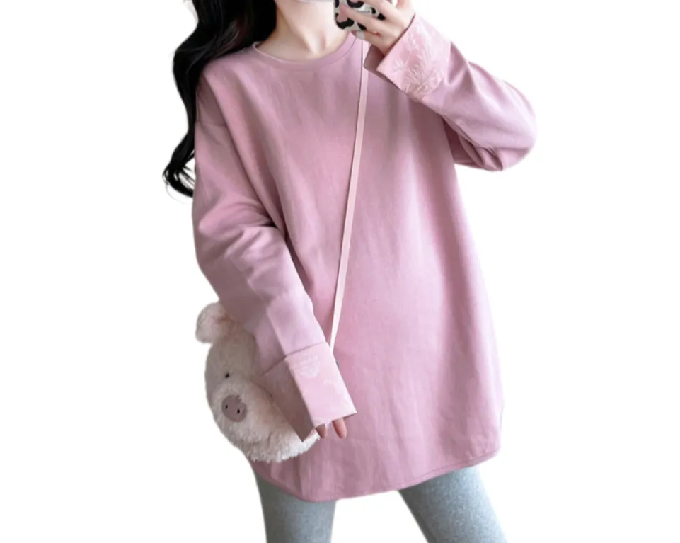 2025 Autumn Maternity Chinese-Style Long Sleeve Sweatshirt – Slimming & Trendy Loose Fit