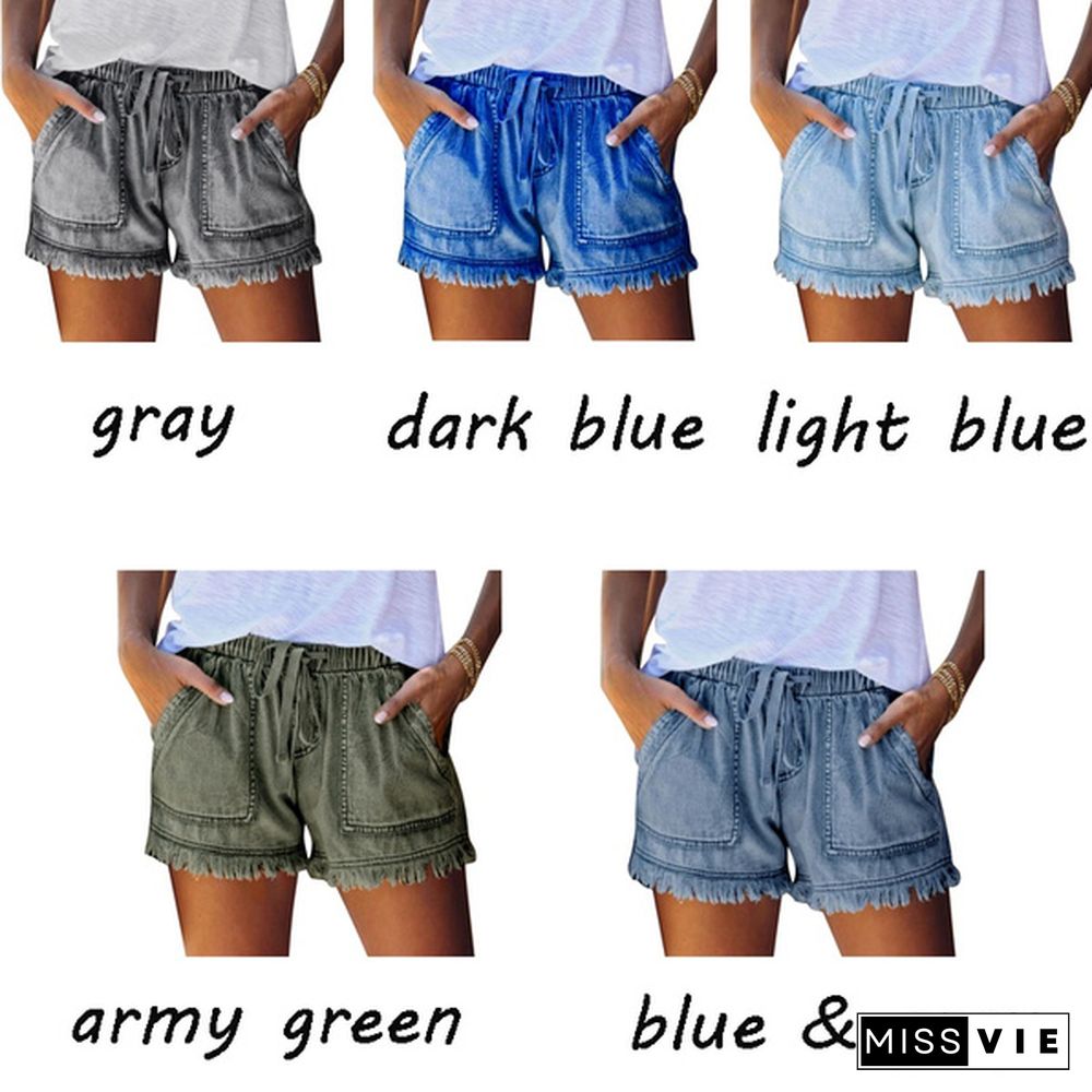 Ladies Elastic Waist Casual High Waist Slim Thin Denim Shorts Hot Pants