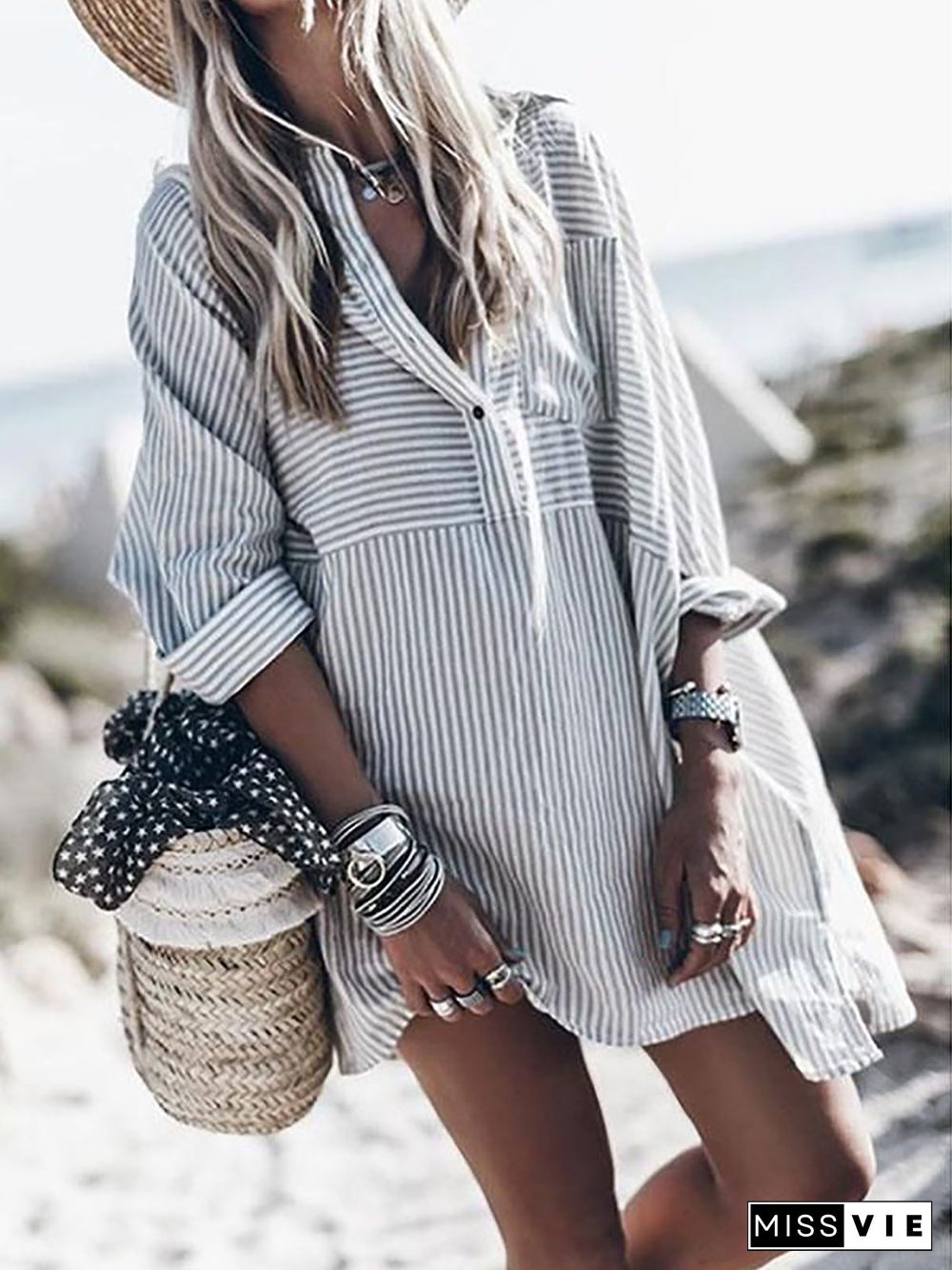 Striped Long Sleeve Tunic Blouses