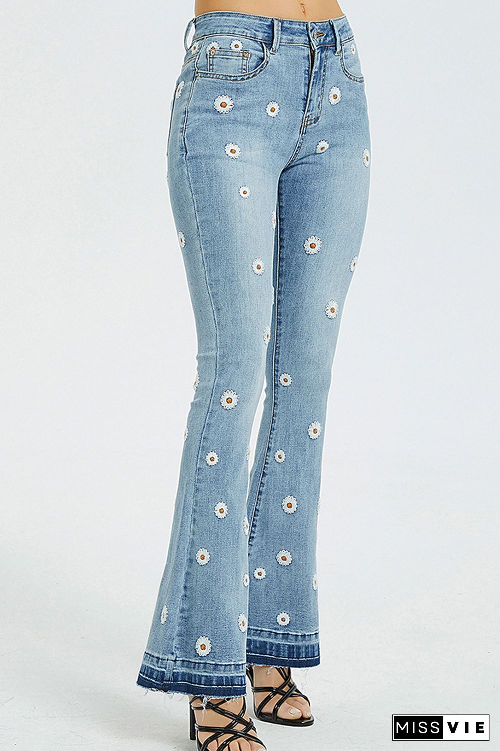 Daisy Embroidered Bleach Bell Bottom Flared Jeans Wholesale Boutique