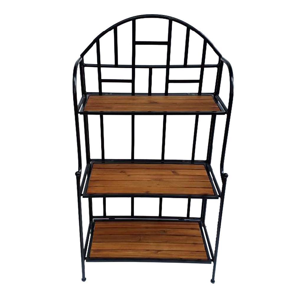 TK CLASSICS 3-Tier Outdoor Folding Metal Plant Stand with Acacia Shelves PS78063-QK691