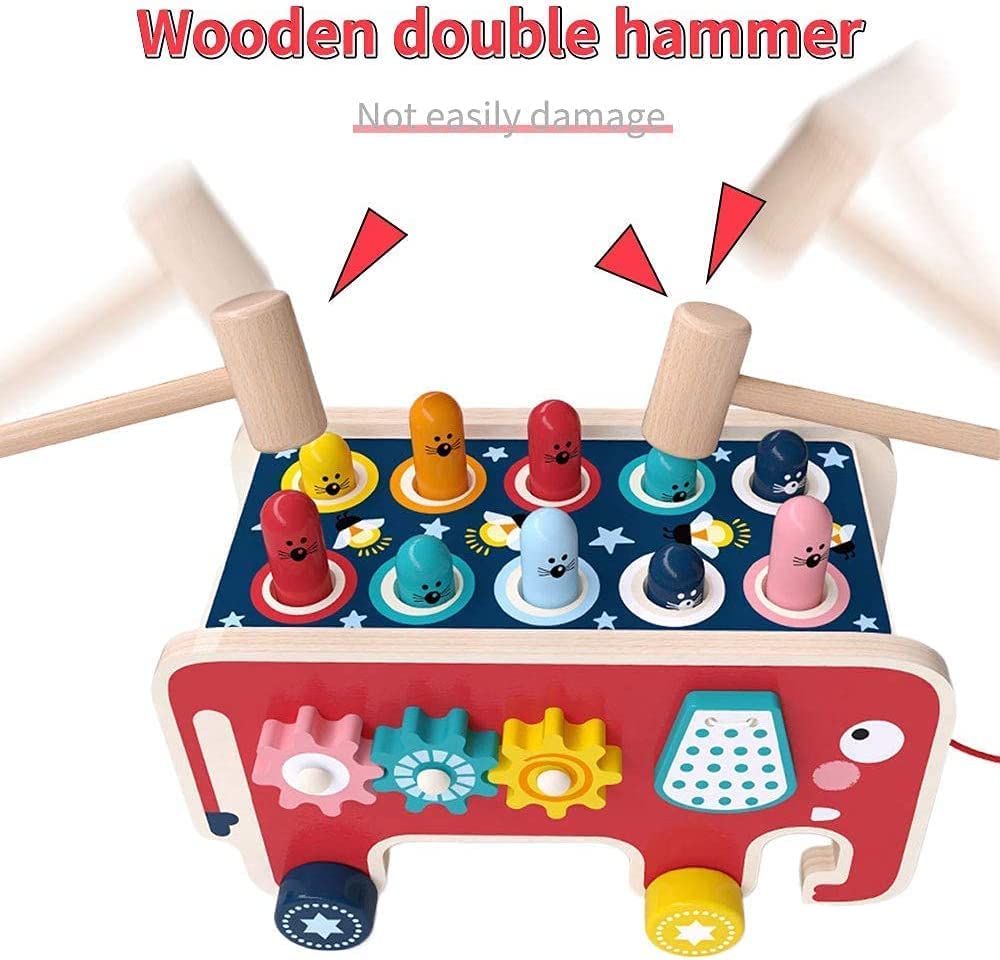 Nukied Wooden Hammering and Pounding Toys with 2 mallets Knocking Bench Hitting Elephant Game， Early Childhood Education Wooden Toys Gifts for Boys and Girls