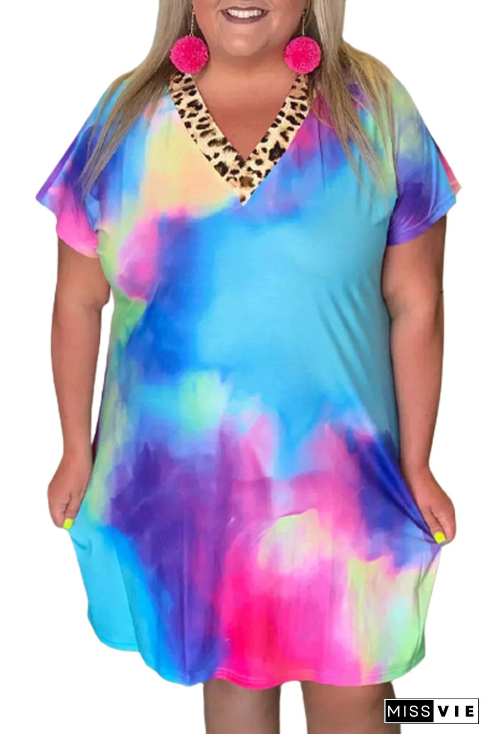 Plus Size Tie Dye Leopard Splicing V-Neck Mini Dress