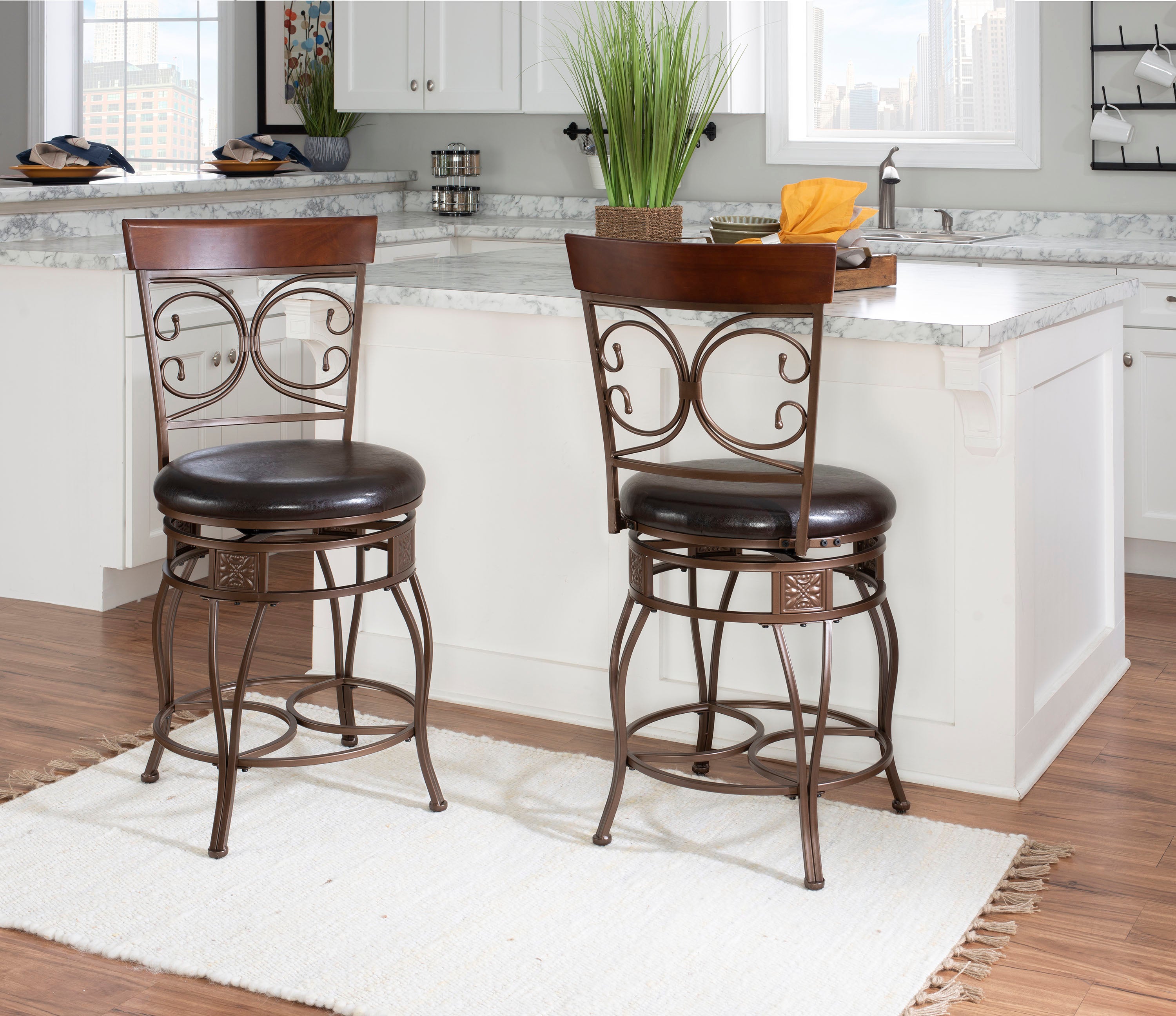 Big and Tall 25 Metal Ornate Back Counter Stool with Swivel， Dark Bronze with Dark Brown Faux Leather