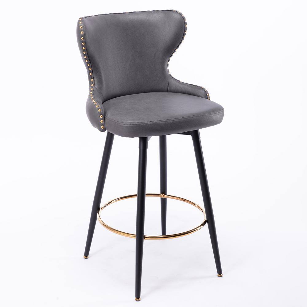 URTR 41.3in. H Modern Leather Fabric Side Bar Chairs, 180° Swivel, Gold Nailhead Trim Stools with Metal Legs, Set 2, Gray LHL-010CDG