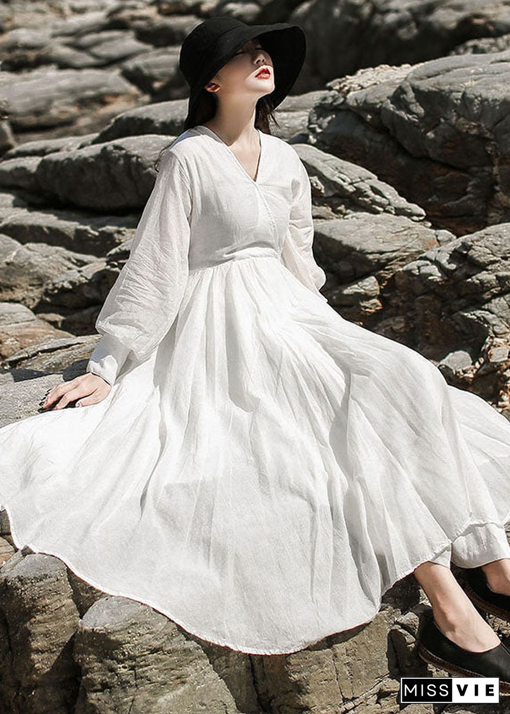 Women White V Neck Patchwork Maxi Dresses Spring