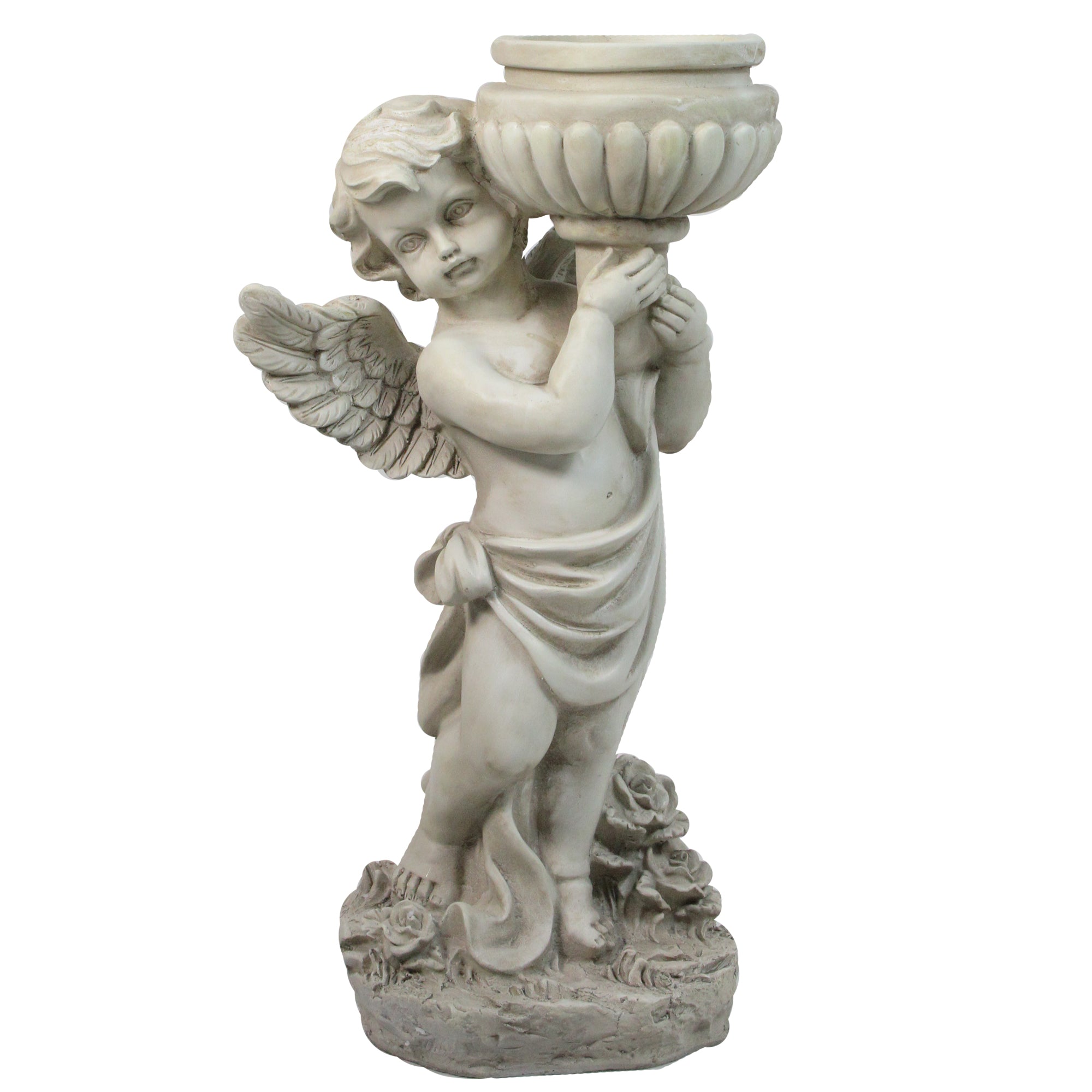 17" Left Facing Cherub Holding a Bird Bath Outdoor Garden Statue