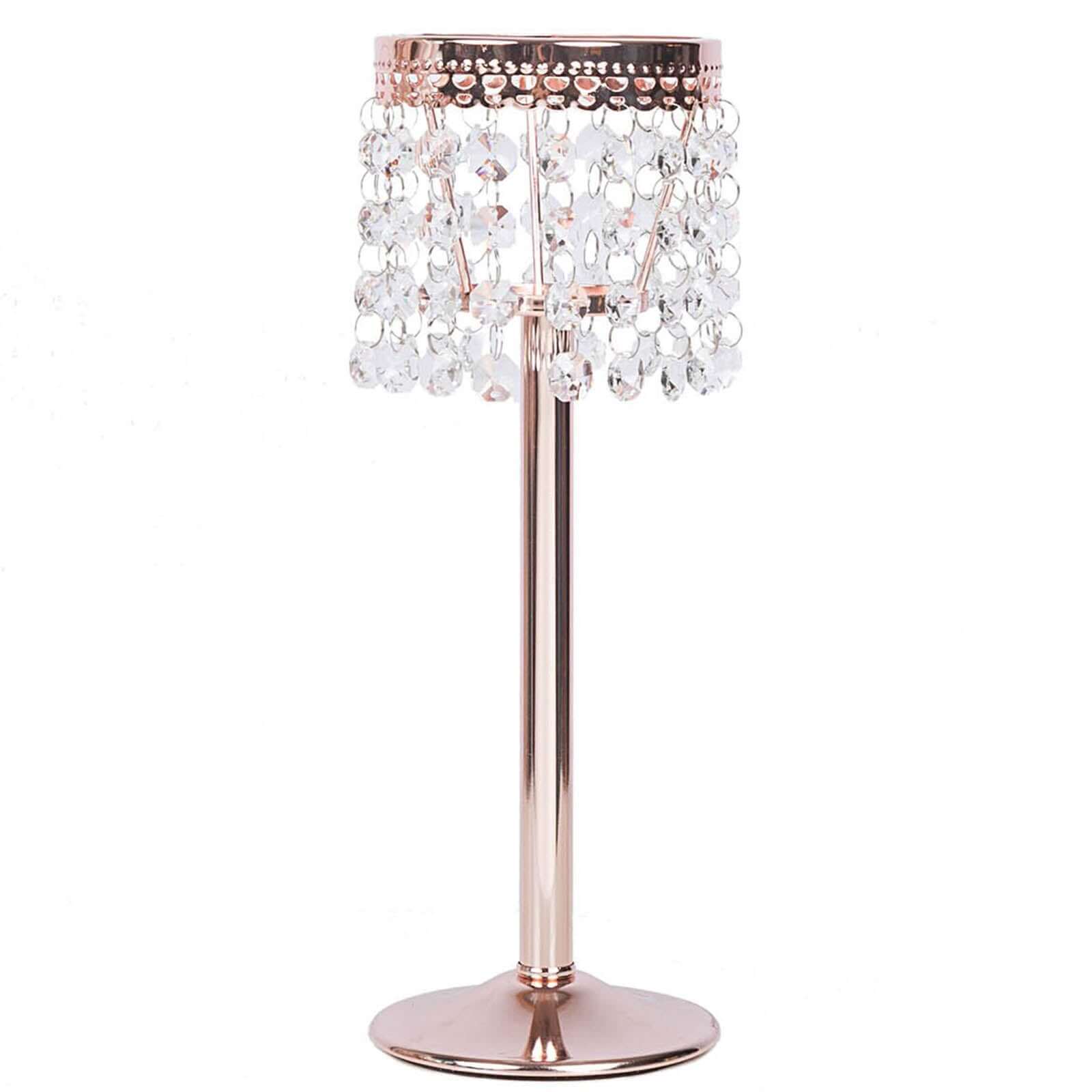 Rose Gold Crystal Beaded Chandelier Votive Pillar Candle Holder, Metal Tealight Candle Stand 12