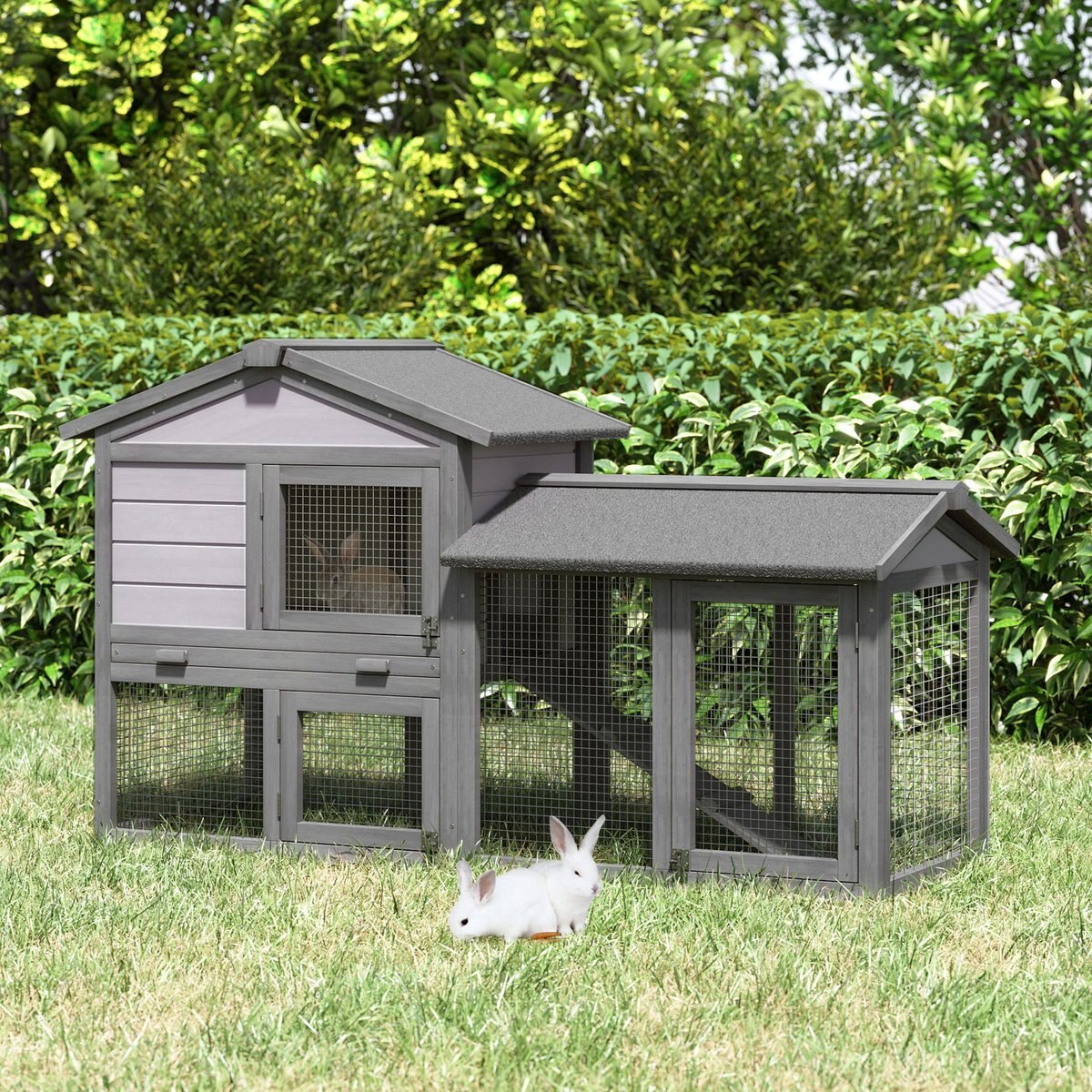 PawHut Outdoor Raised Painted Deluxe Wood Rabbit Hutch