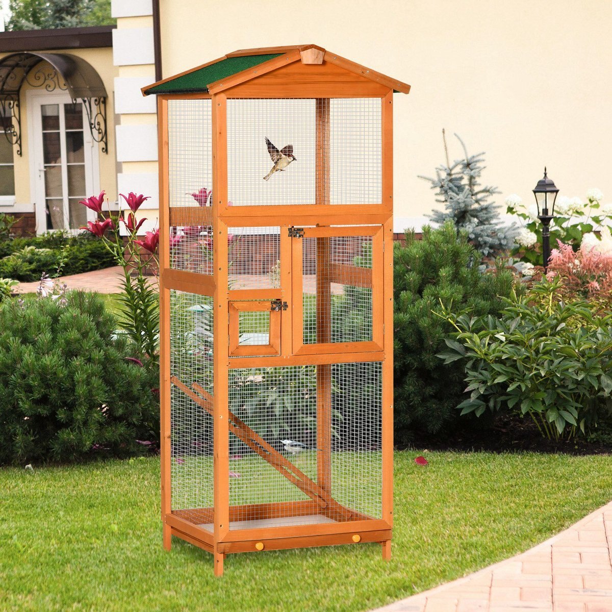 PawHut 65-in Wooden Outdoor Finches Aviary w/Pull Out Tray Bird Cage