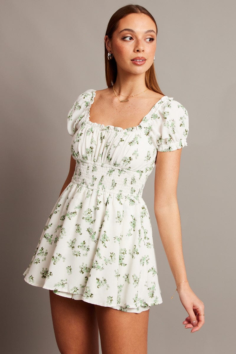 Green Floral Ruffle Playsuit Short Sleeve Ruched Bust