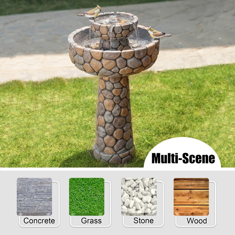 Glitzhome 24.5 inch Outdoor 2 tier Faux Pebbles Polyresin Birdbath Fountain with Pump