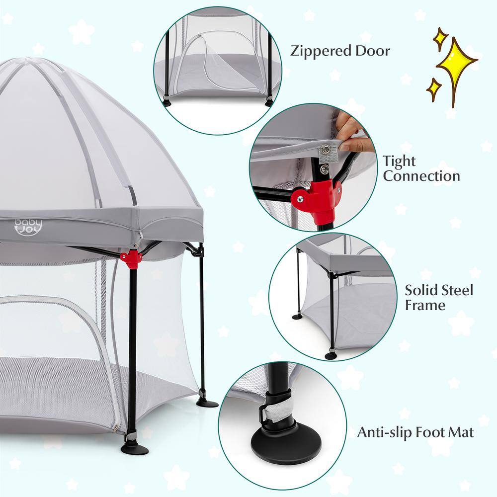 Costway 53 in. Outdoor Baby Playpen with Canopy and Carrying Bag Portable Play Yard Toddlers BC10084GR