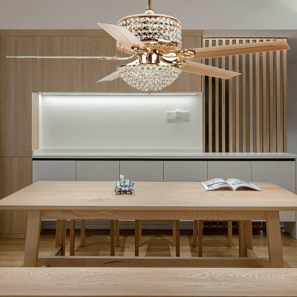 Anqidi 52 Inch Crystal Ceiling Fan Light Modern Gold Pendant Fan Lamp 5-Blades 3-Speed Ceiling Fan Chandelier with Remote