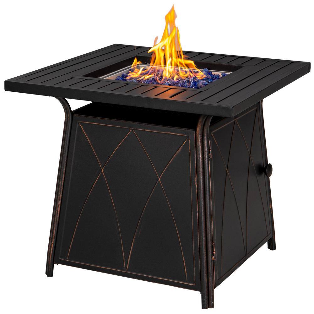 PHI VILLA 28.3 in. x 24.8 in. 50000 BTU Square Metal Gas Fire Pit Table with Lid and Blue Fire Glass THD-E02GS001