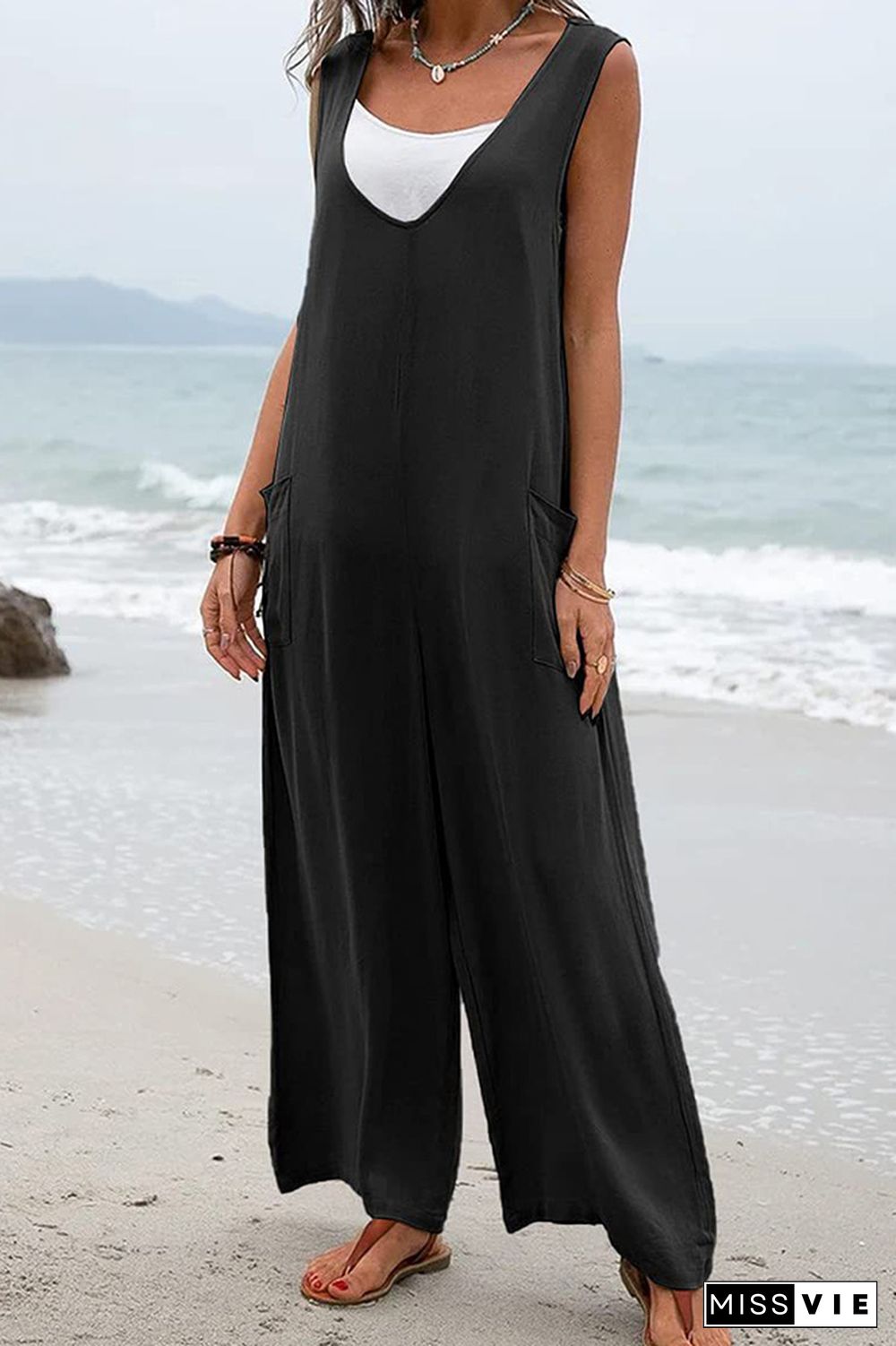 Plain V Neck Pockets Sleeveless Jumpsuit