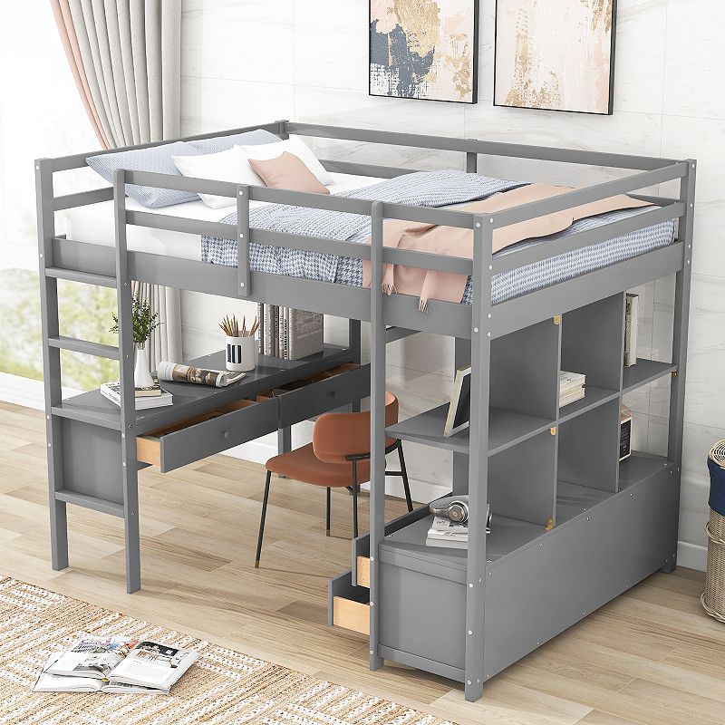 Merax Full Size Loft Bed with Built-in Desk with Two Drawers， and Storage Shelves and Drawers