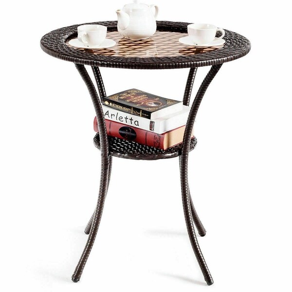 Gymax Round Rattan Wicker Coffee Table Glass Top Steel Frame Patio