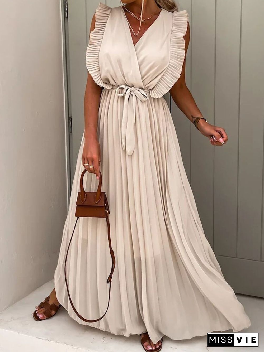 Summer New Elegant Sleeveless V-Neck Pleated Dress Ladies Fashion Solid Lace-Up Long Dress Women Casual Office Loose Dress