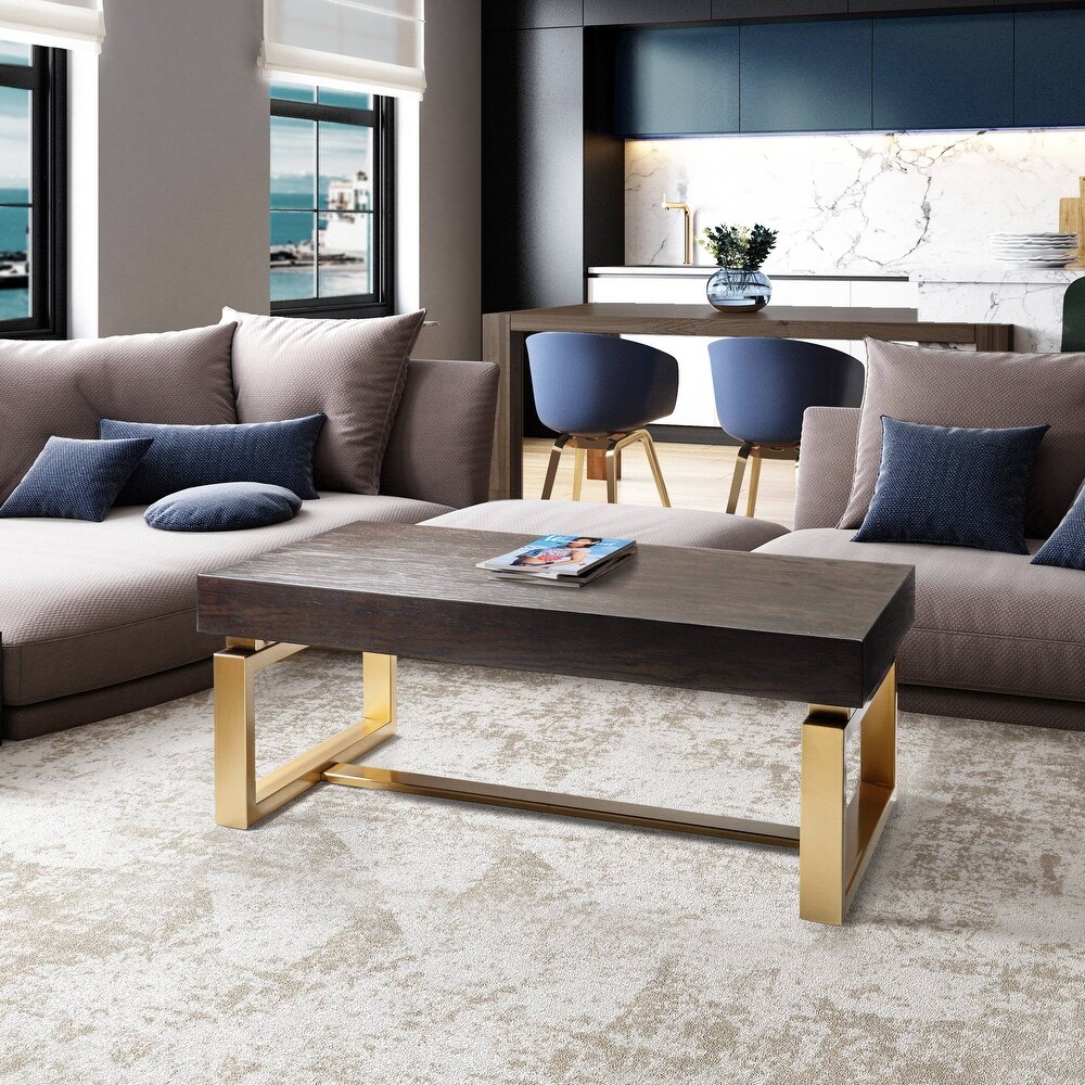 Luxury Modern Farmhouse Rectangle Oak Wood Gold Accent Coffee Table Living Room