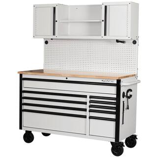 Husky 56 in. W x 27.6 in. D Heavy Duty 10-Drawer Gloss White Mobile Workbench with Pegboard and Top Cabinets H56ULTWSGW