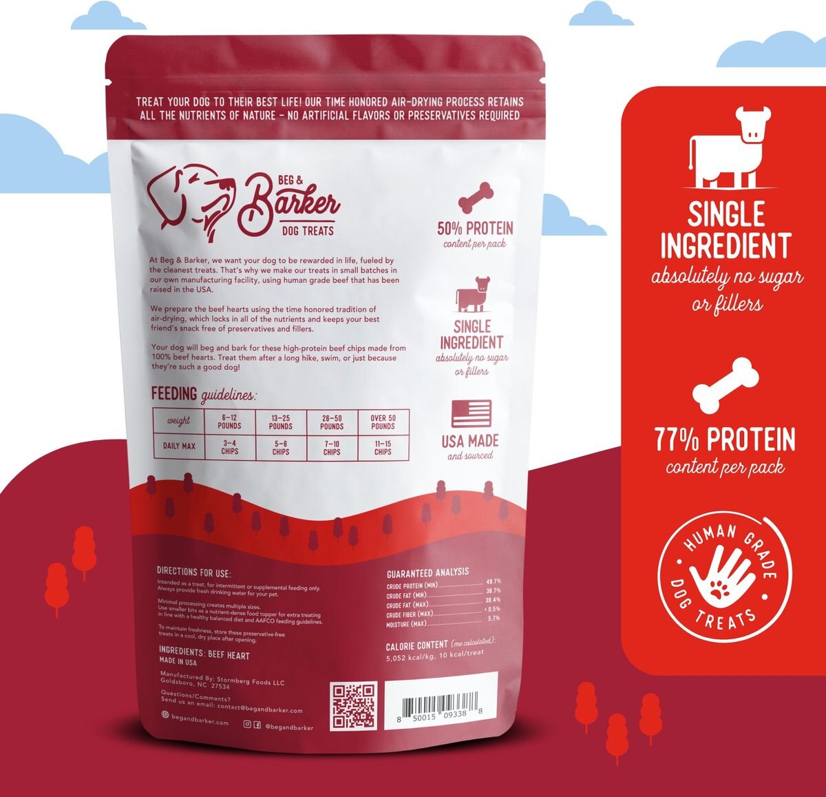 Beg and Barker Triple Whole Beef Chips Natural Single Ingredient Dog Treats， 8-oz bag， case of 3