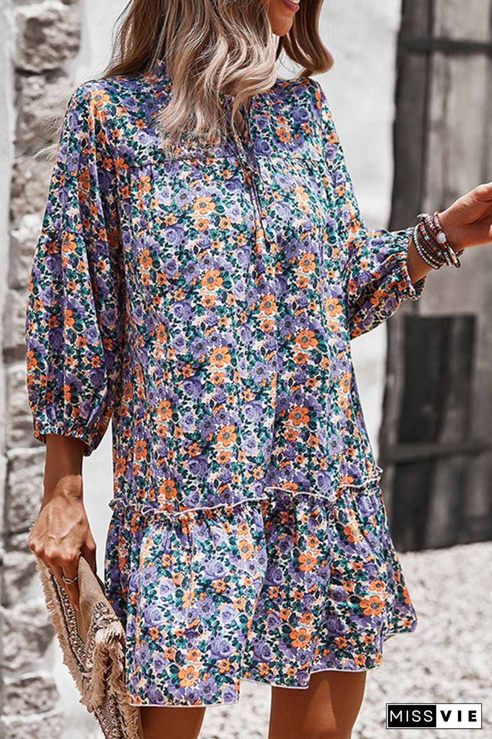 Floral Print Ruffle Long Sleeve Dress Women Wholesale