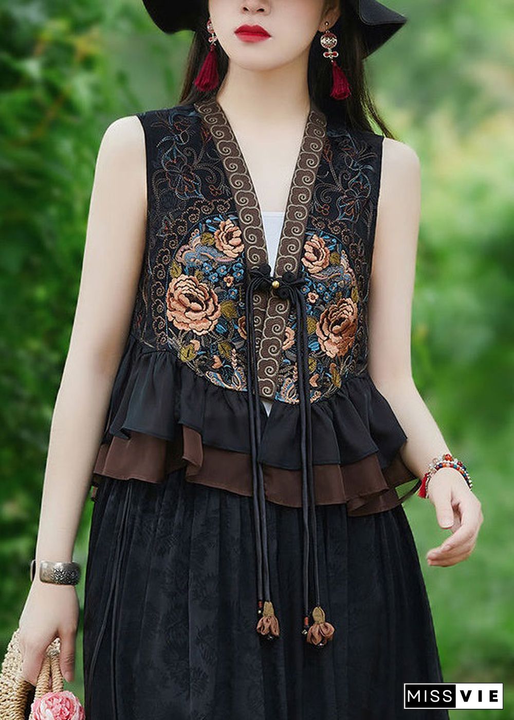 Women Black Ruffled Tasseled Patchwork Silk Waistcoat Sleeveless