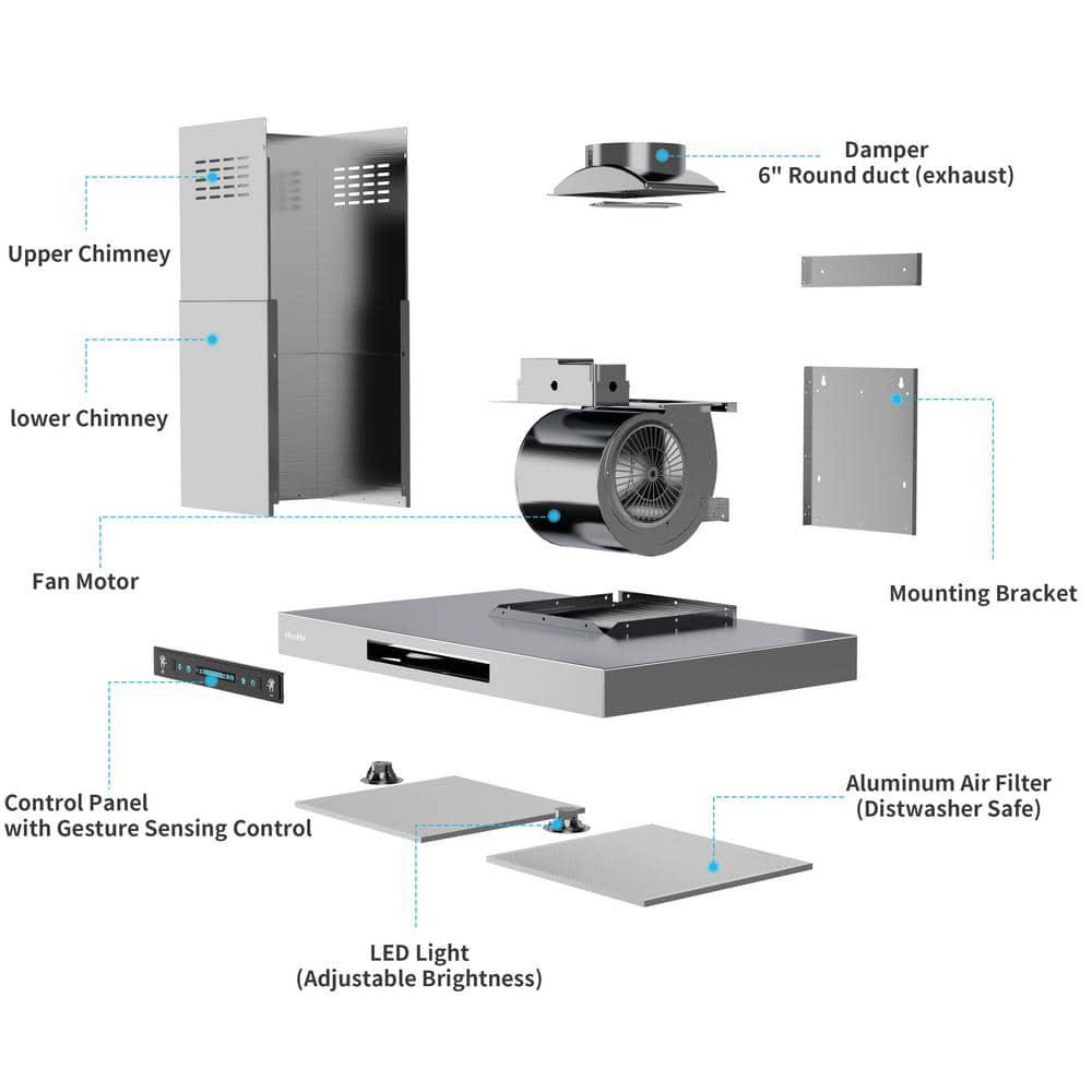 HisoHu 2952 in 780 CFM Ducted Wall Mount Range Hood in Stainless Steel With Gesture Sensing Control Function