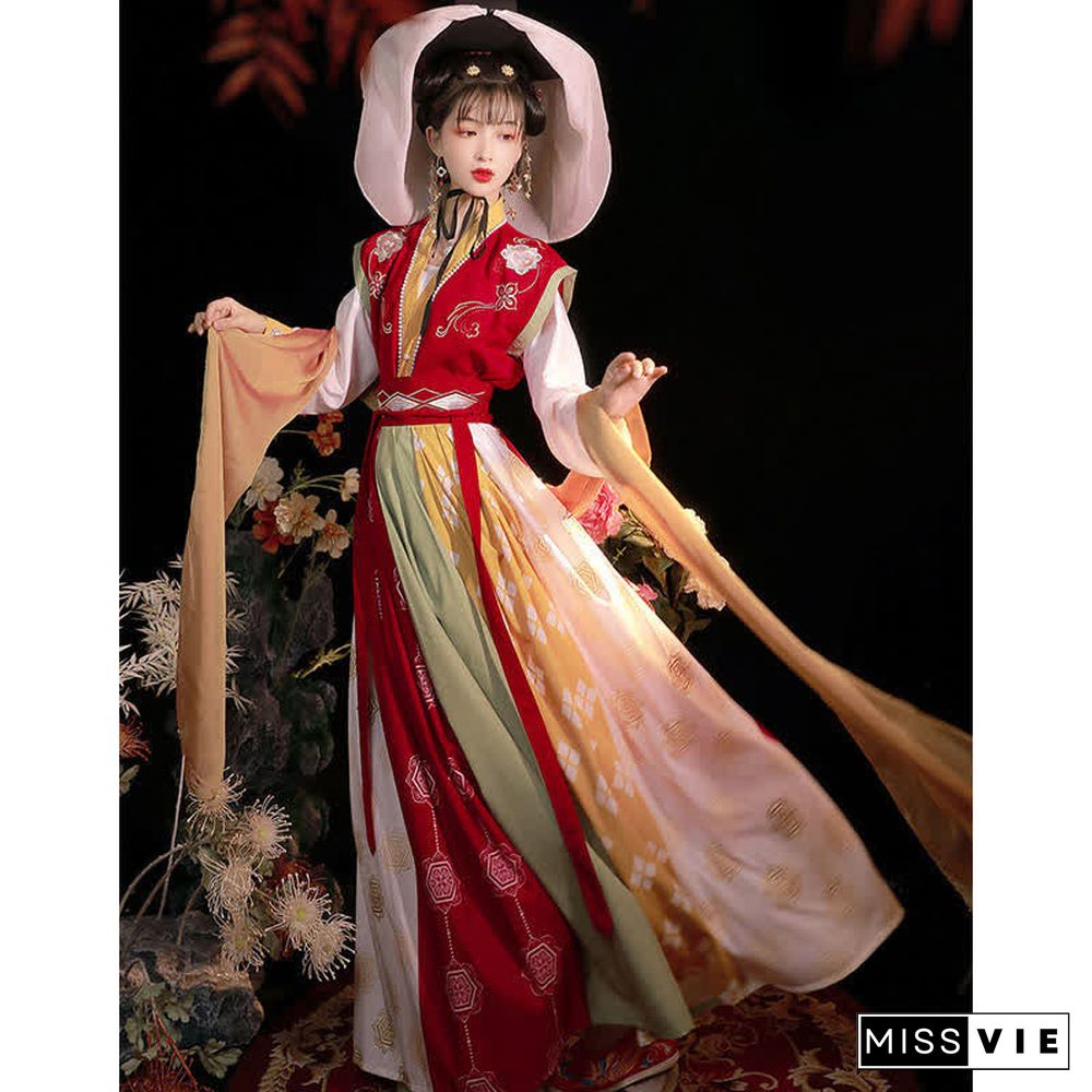 Vintage Embroidery Vest Long Sleeve Shirt Clorblock Skirt Three Pieces Set