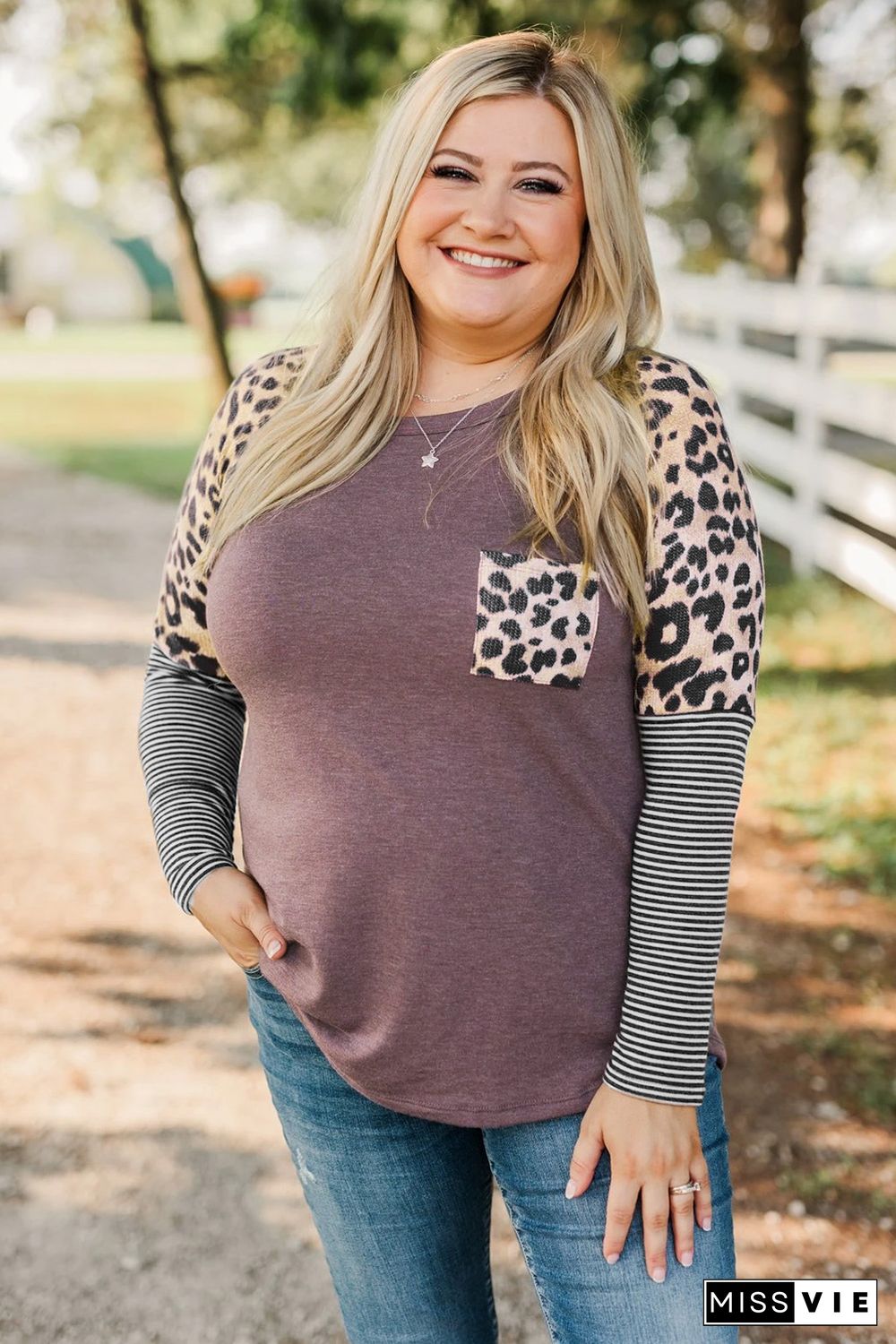 Brown Plus Size Leopard Pocket Top