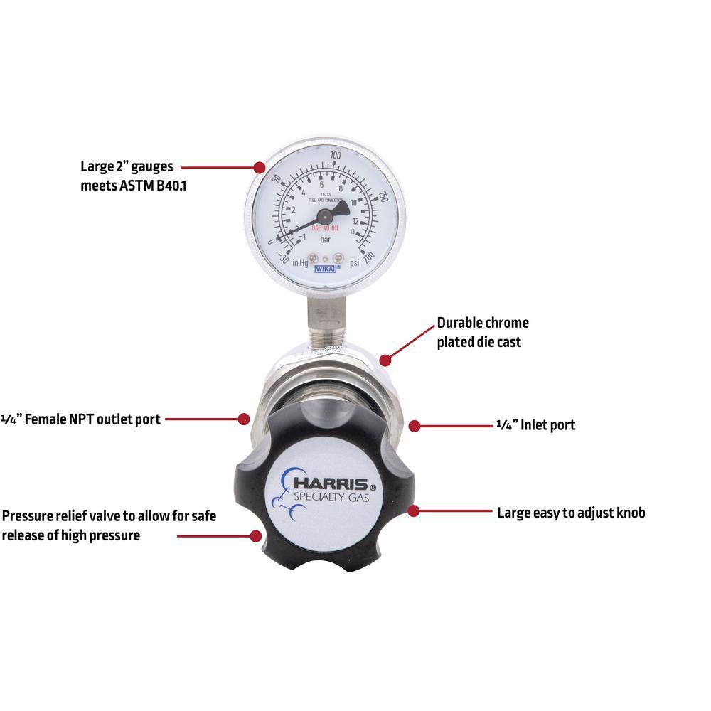 Harris High-Purity Stainless Steel Nitrogen Helium Argon Carbon Dioxide Hydrogen Oxygen Regulator 0-125 PSIG 14in. FNPT 743125000C