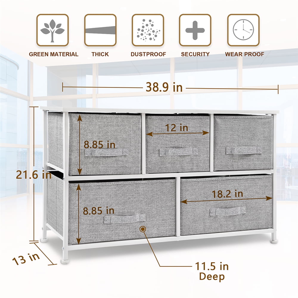 Bigroof Dresser Storage Organizer, Fabric Drawers Closet Shelves for Bedroom Bathroom Laundry Steel Frame Wood Top with Fabric Bins for Clothing Blankets Plush Toy (Light Gray-5 Drawers White Top)