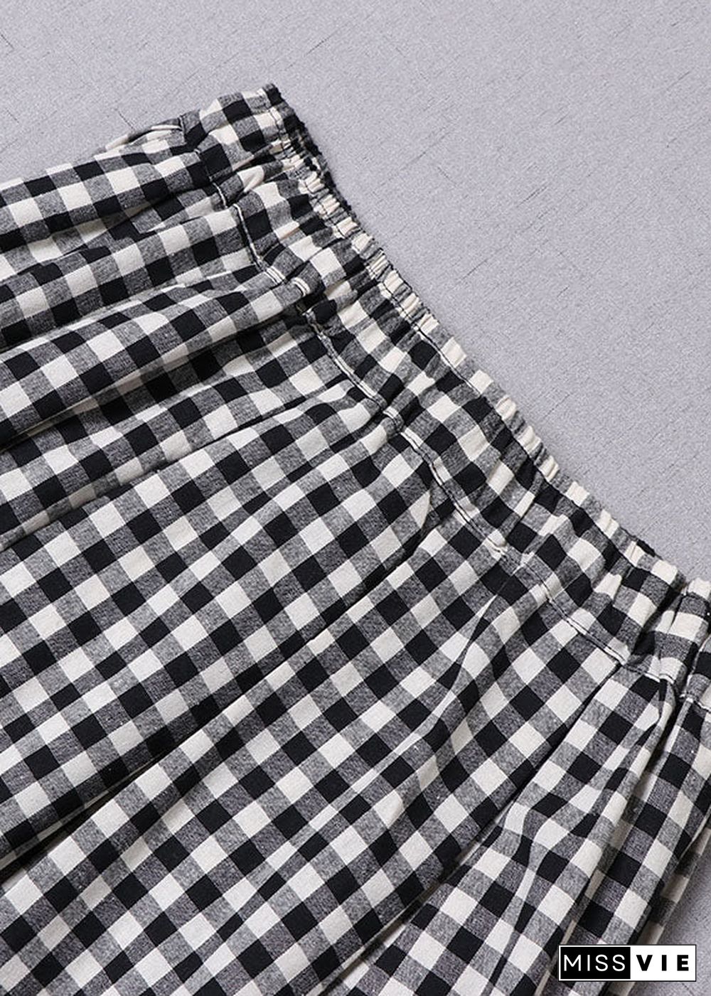 Plus Size Black Grey Plaid Cinched Pockets a line skirts Spring