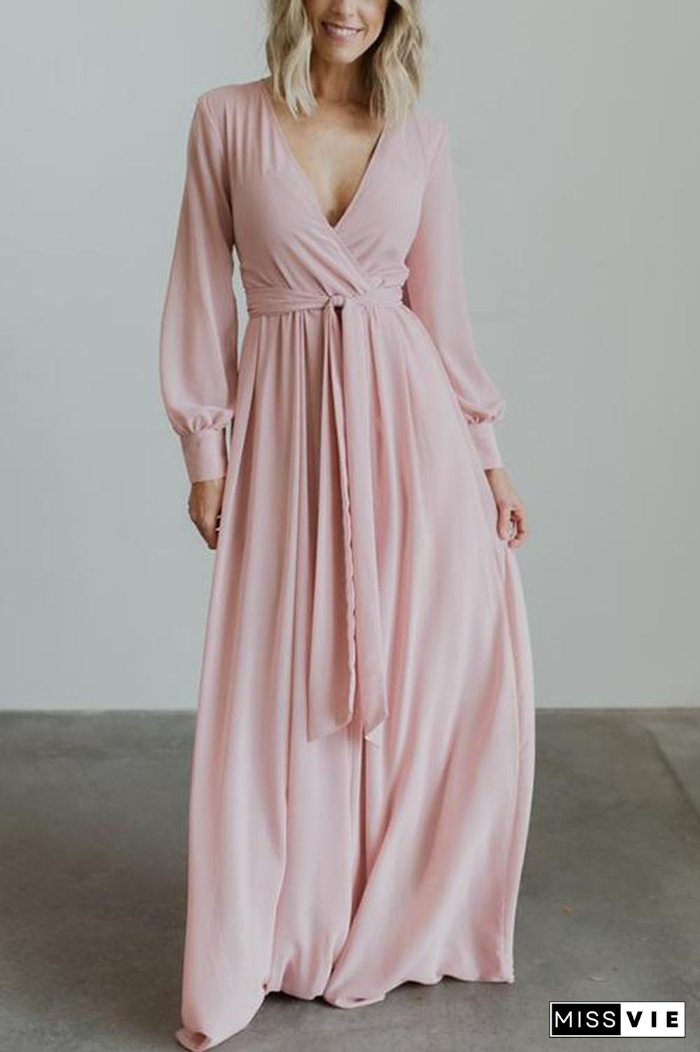 Button Puff Sleeve Belted Maxi Dress