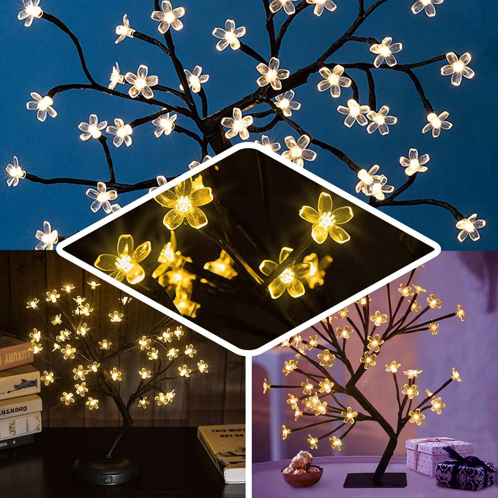 2 Pack Black Cherry Blossom Tree Centerpieces, Battery Operated Lights 36 Warm White LEDs