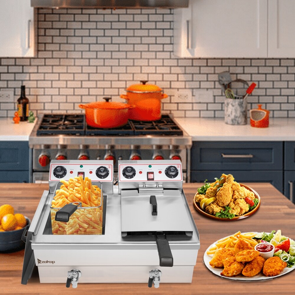 24.9QT 3400W MAX Electric Deep Fryer Dual Tanks Stainless Steel w/ Timer and Drain French Fry