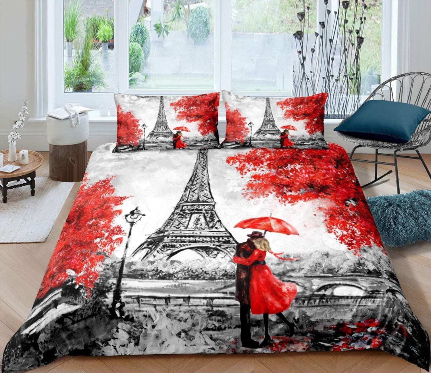 Erosebridal Eiffel Tower Duvet Cover Bedding Set Maple Leaf Decor Comforter Cover Set Soft Microfiber Quilt Set with Zipper Ties