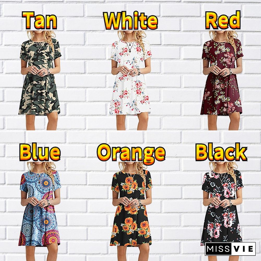 Ladies Fashion Dress Floral Leaf Print Ladies Casual Dress Summer Beach Short Sleeve Dress Long Skirt Plus Size Xs-8Xl