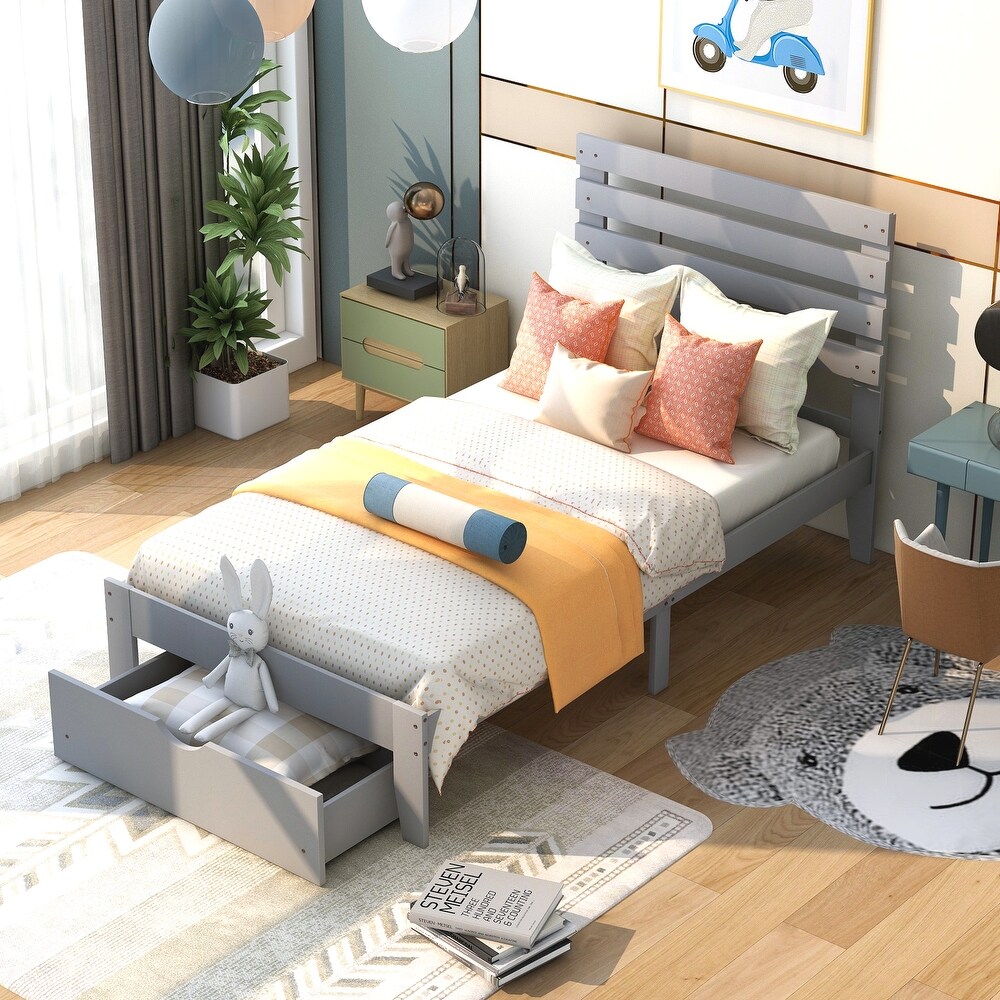 Modern Twin Platform Storage Bed with Footside Drawer  Wood Panel Bed for Small Aprtment Dorm Bedroom