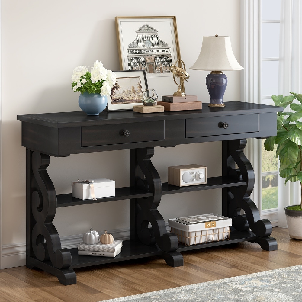 Storage Console Table with Open Shelves and Drawers for Entrance and Living Room