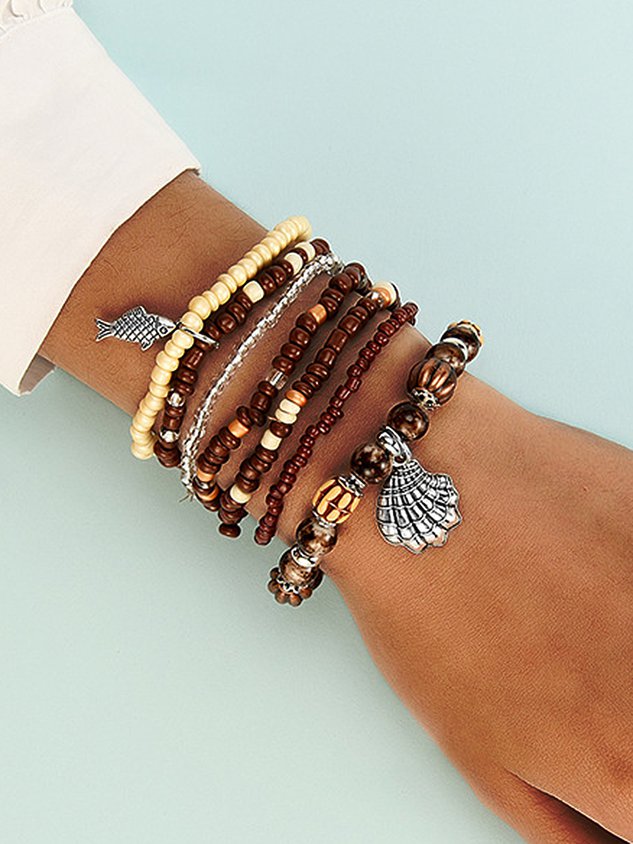 Bohemian Resort Style Shell Wood Multilayer Bracelet Set