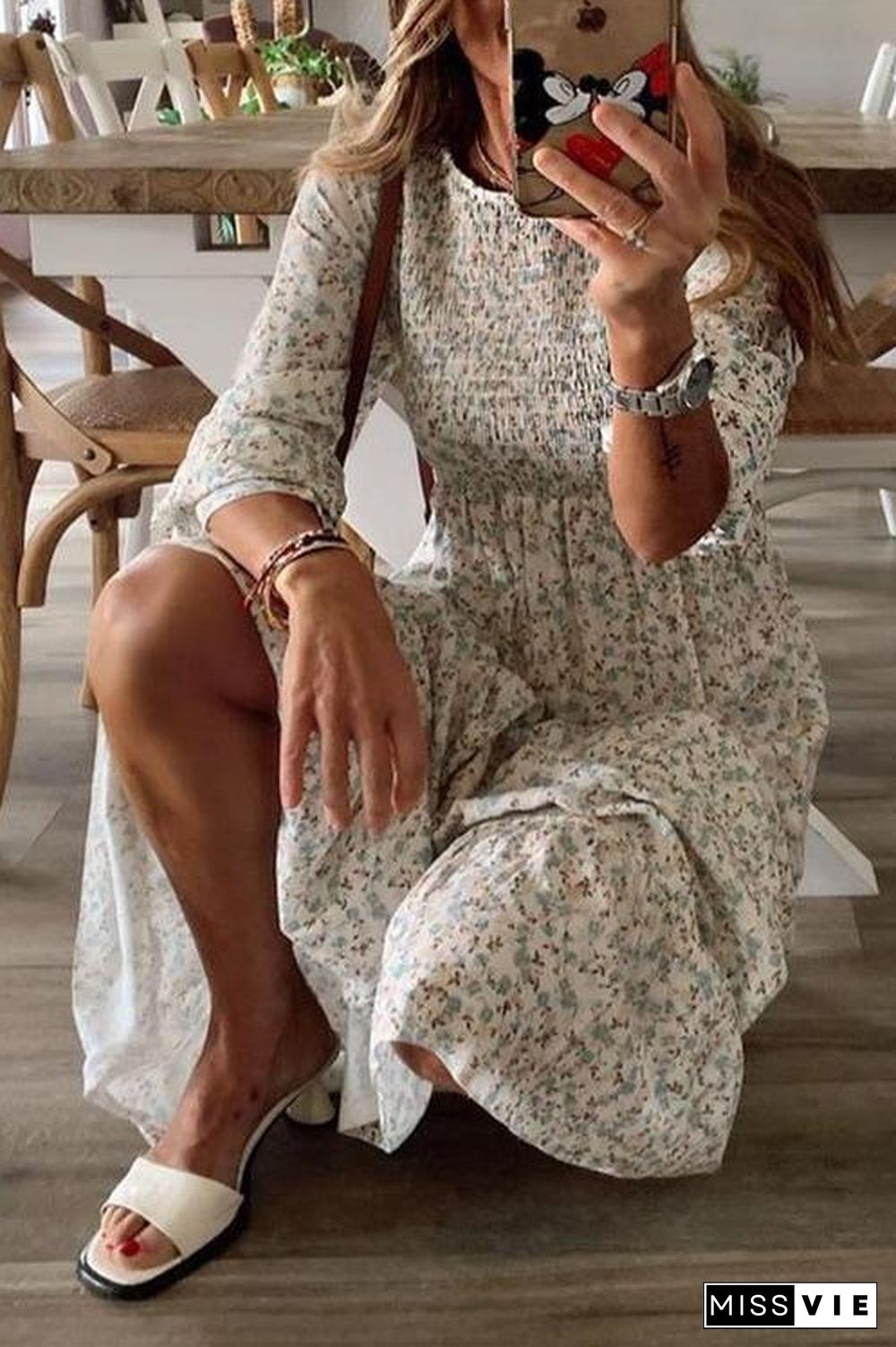 Floral Print O Neck Maxi Dress