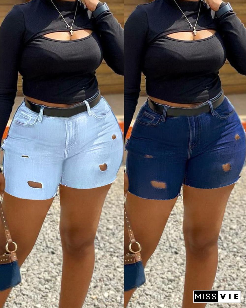 Solid High Waist Denim Ripped Shorts