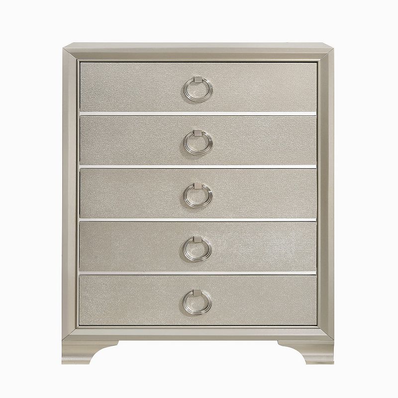 Five Drawers Wooden Dresser with Oversized Ring Handles， Silver